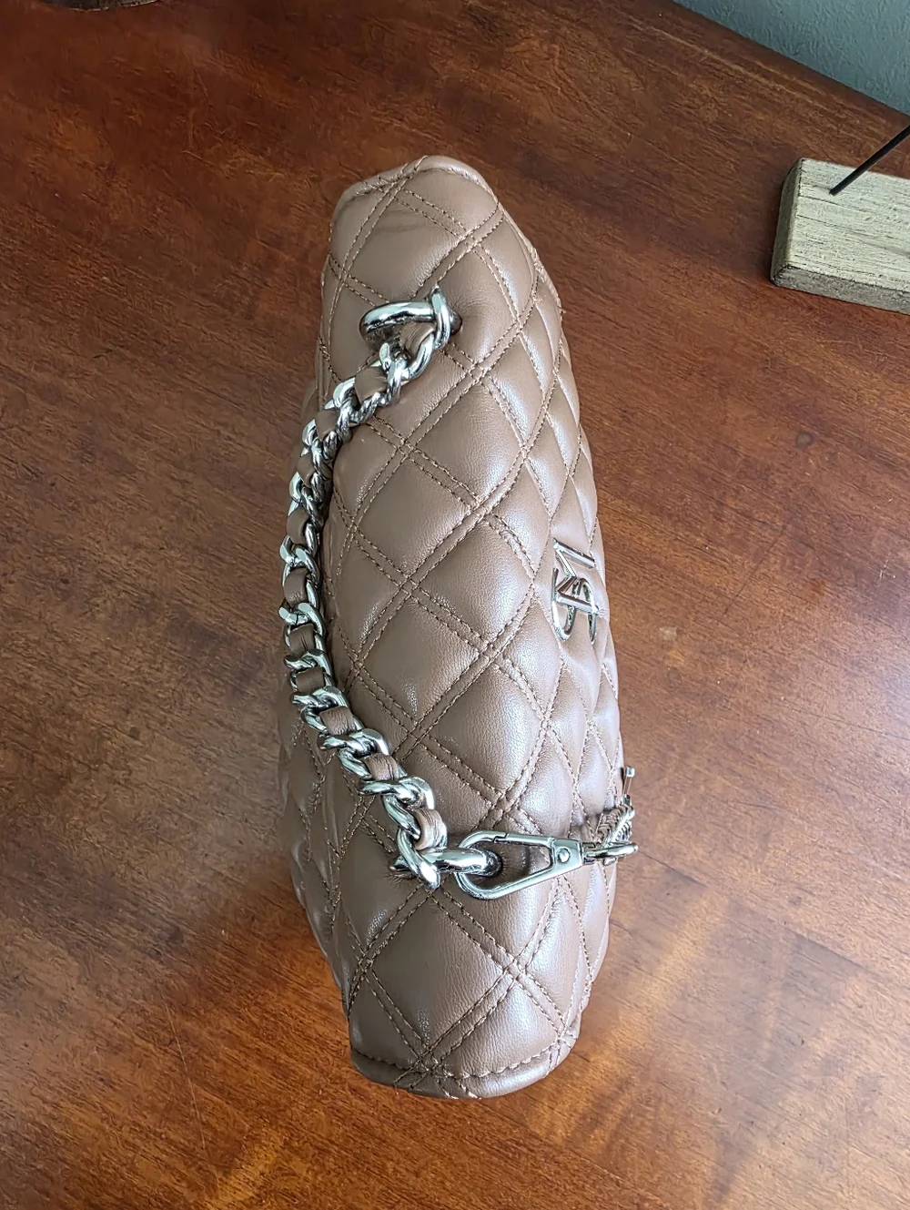 Steve Madden Quilted Chain Flap Crossbody Shoulder Bag Camel Taupe